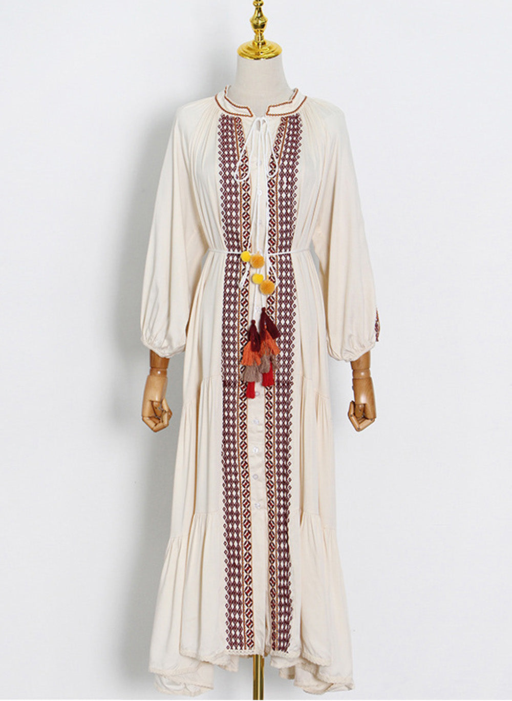 Moroccan High Neck Embroidered Tassel Swing Dress in Beige