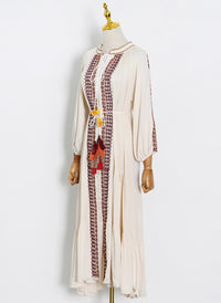 Moroccan High Neck Embroidered Tassel Swing Dress in Beige