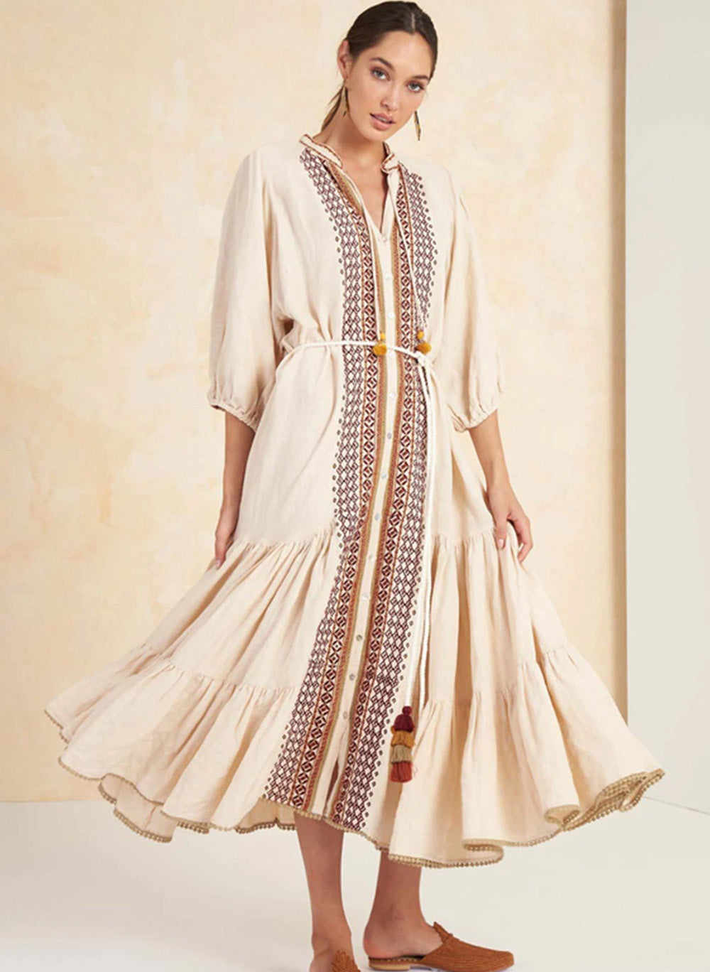 Moroccan High Neck Embroidered Tassel Swing Dress in Beige