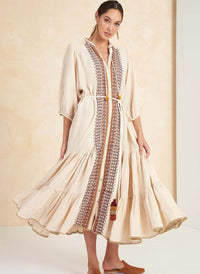 Moroccan High Neck Embroidered Tassel Swing Dress in Beige