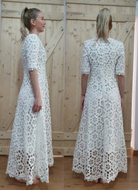 Floral Crochet Lace Eyelet Empire Waist Maxi Dress in White