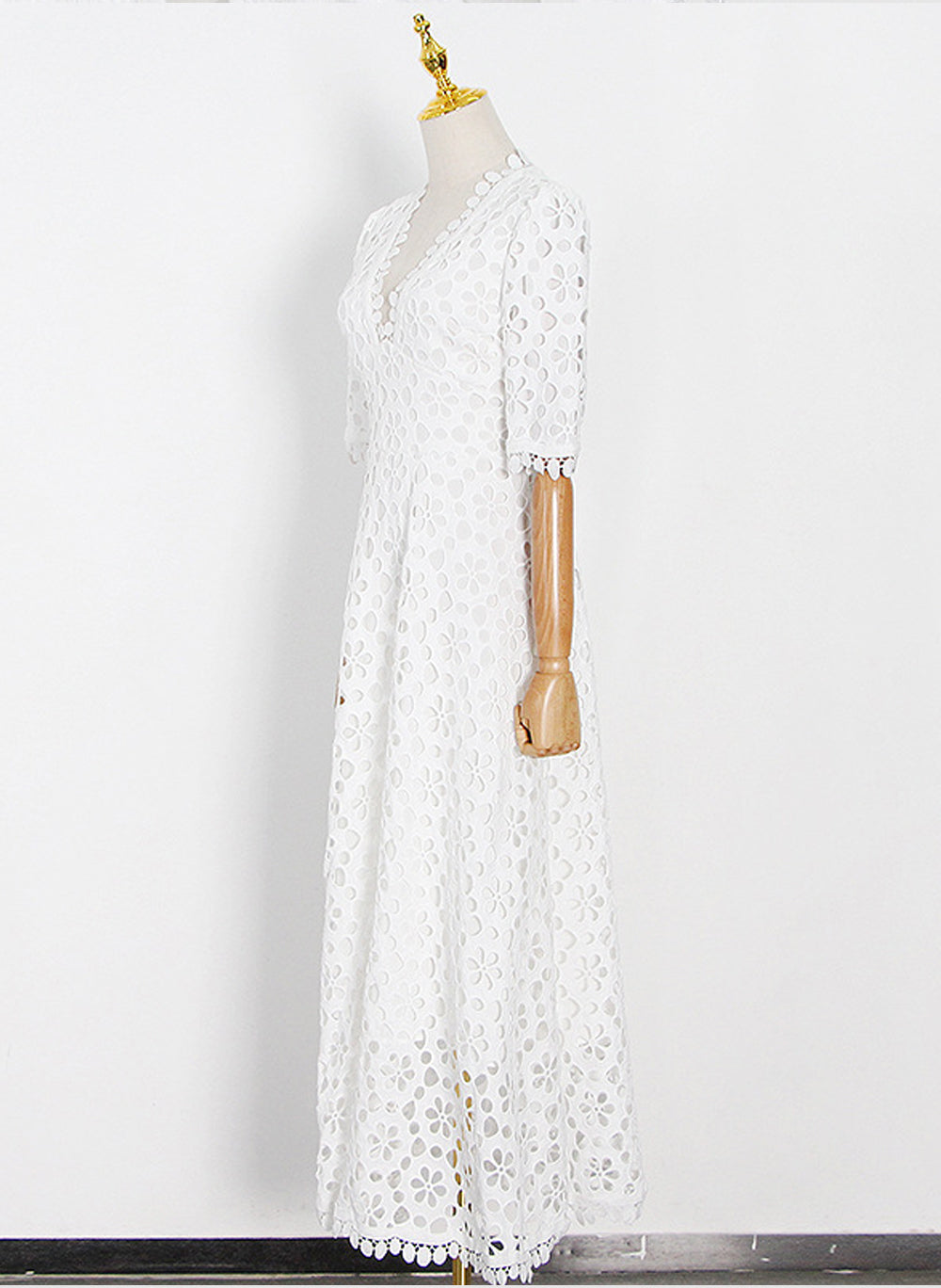 Floral Crochet Lace Eyelet Empire Waist Maxi Dress in White