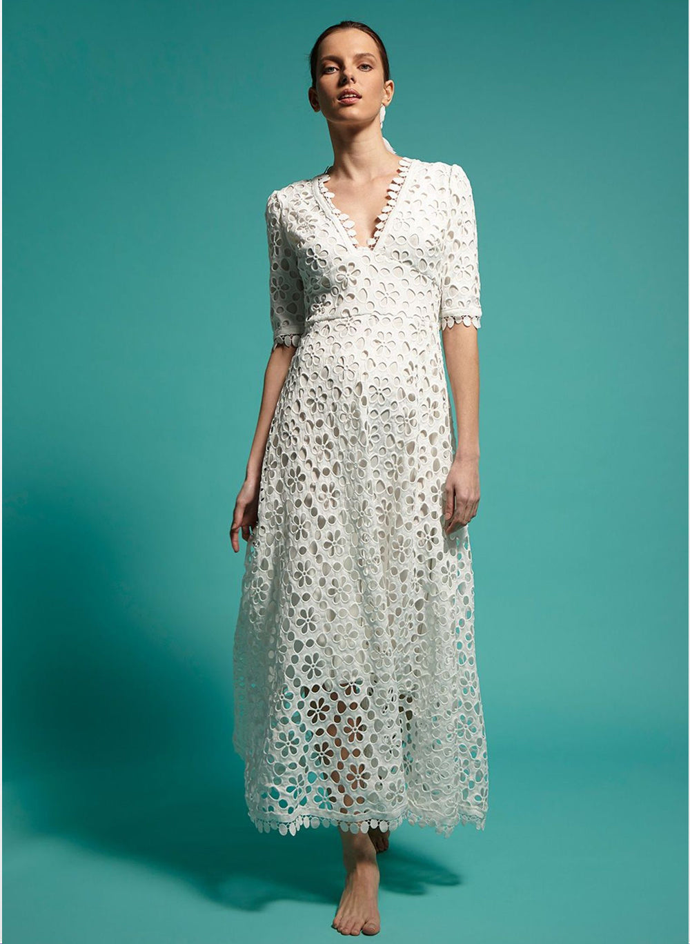 Floral Crochet Lace Eyelet Empire Waist Maxi Dress in White