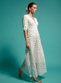 Floral Crochet Lace Eyelet Empire Waist Maxi Dress in White