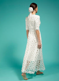 Floral Crochet Lace Eyelet Empire Waist Maxi Dress in White