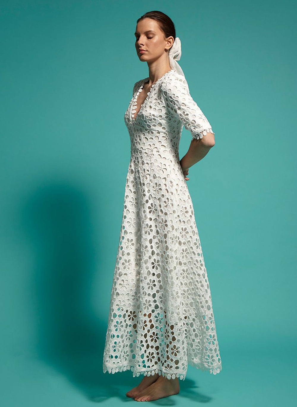 Floral Crochet Lace Eyelet Empire Waist Maxi Dress in White