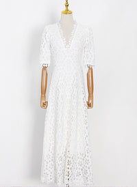 Floral Crochet Lace Eyelet Empire Waist Maxi Dress in White