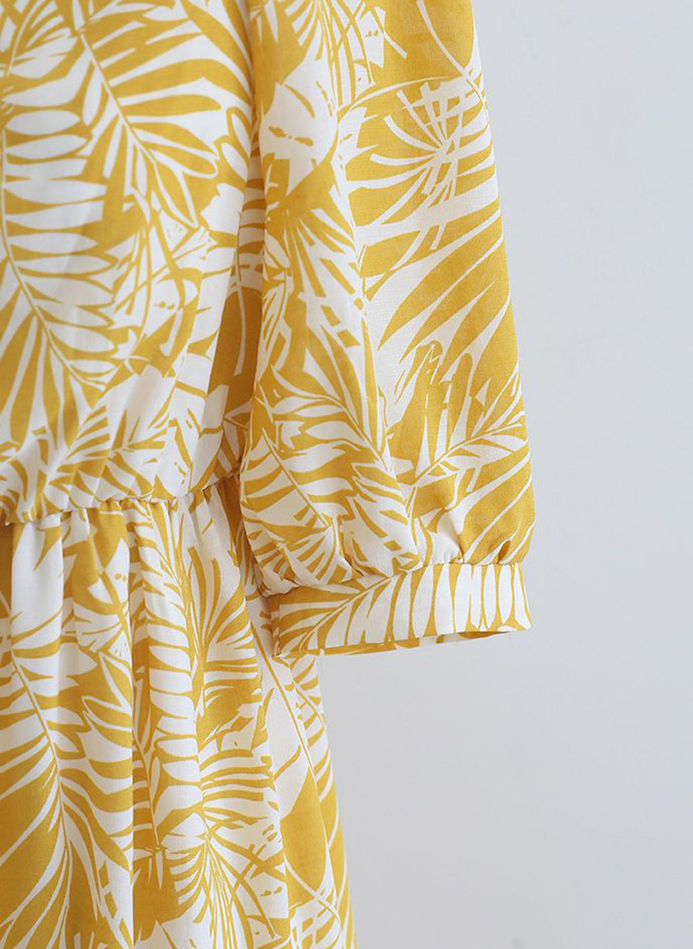 Sweetheart Neck Palm Leaf Print Tiered Maxi Dress in Mustard