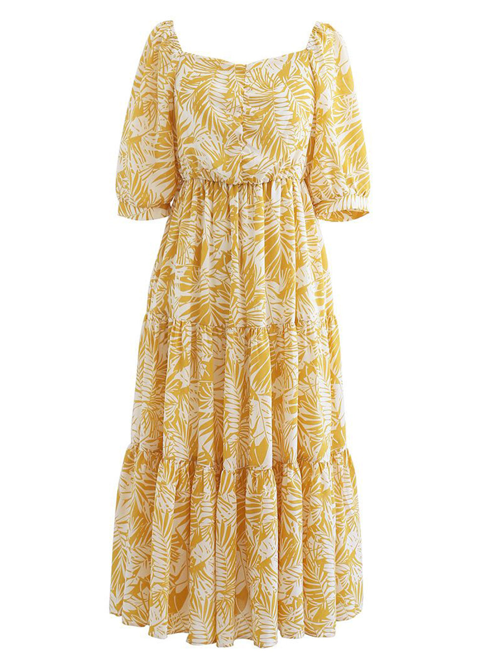 Sweetheart Neck Palm Leaf Print Tiered Maxi Dress in Mustard