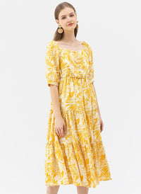 Sweetheart Neck Palm Leaf Print Tiered Maxi Dress in Mustard