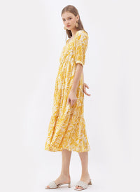 Sweetheart Neck Palm Leaf Print Tiered Maxi Dress in Mustard