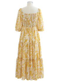 Sweetheart Neck Palm Leaf Print Tiered Maxi Dress in Mustard