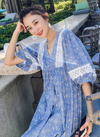 Boho V-neck Puff Sleeve Paisley Print Empire-Waist Cotton Dress