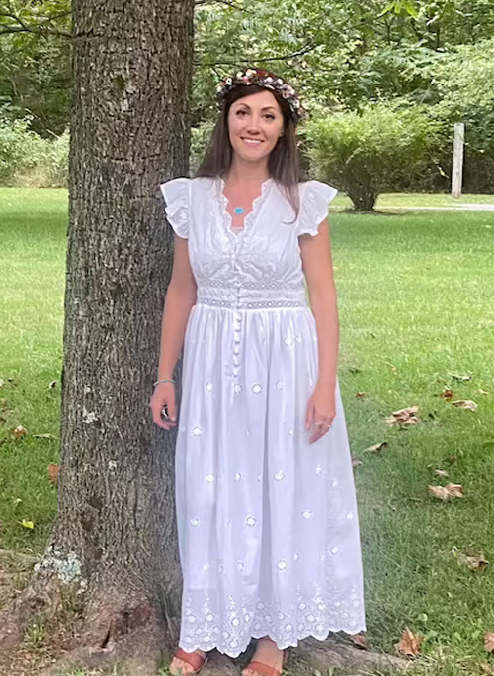 Ruffle Trim Eyelet Embroidered Cotton Dress in White