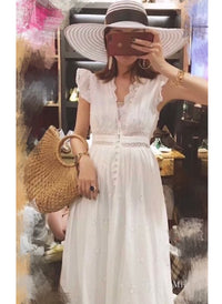 Ruffle Trim Eyelet Embroidered Cotton Dress in White