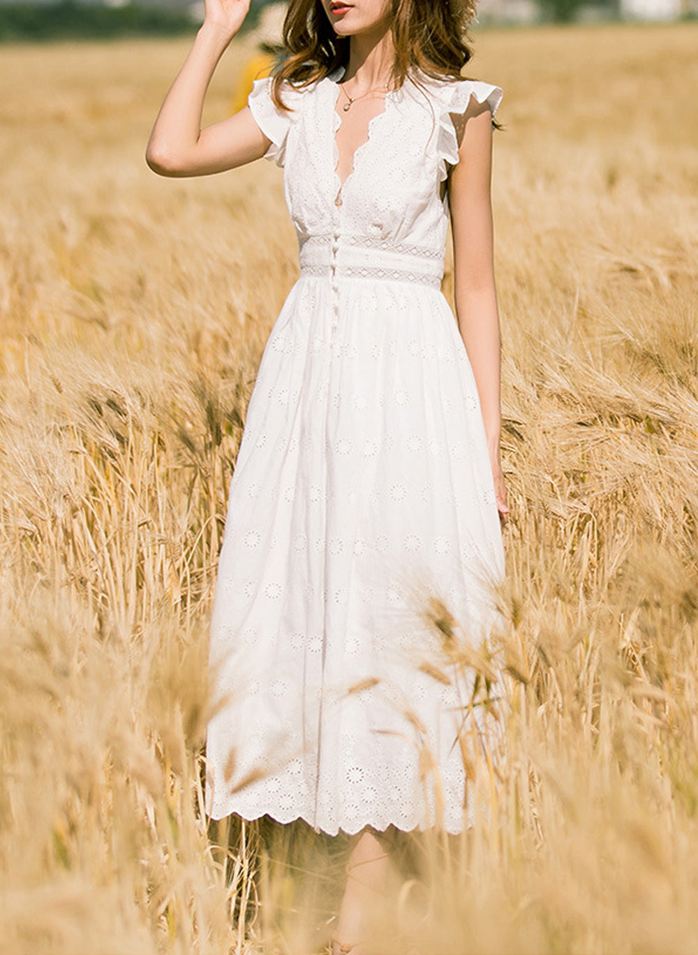 Ruffle Trim Eyelet Embroidered Cotton Dress in White