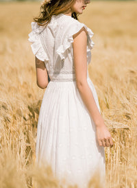 Ruffle Trim Eyelet Embroidered Cotton Dress in White