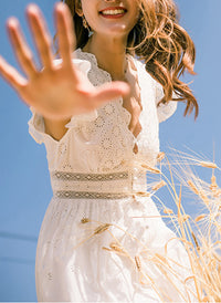 Ruffle Trim Eyelet Embroidered Cotton Dress in White