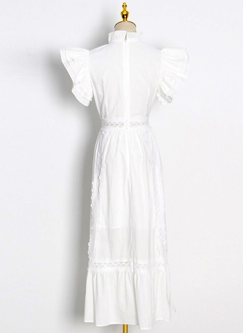 Vintage Ruffled High-neck Crochet Trimmed Maxi Dress in White