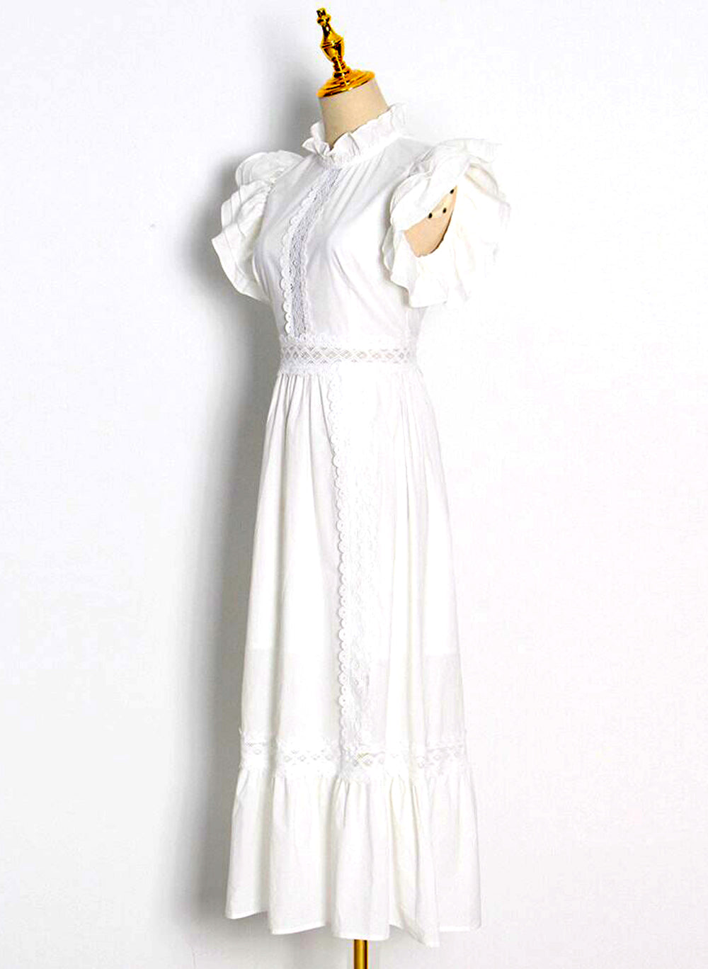 Vintage Ruffled High-neck Crochet Trimmed Maxi Dress in White