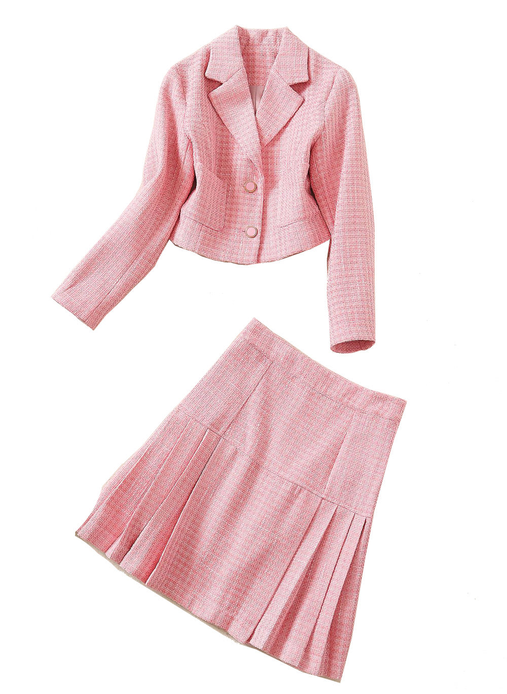 Tweed Crop Jacket & Pleated A-line Skirt Two-piece Set in Pink