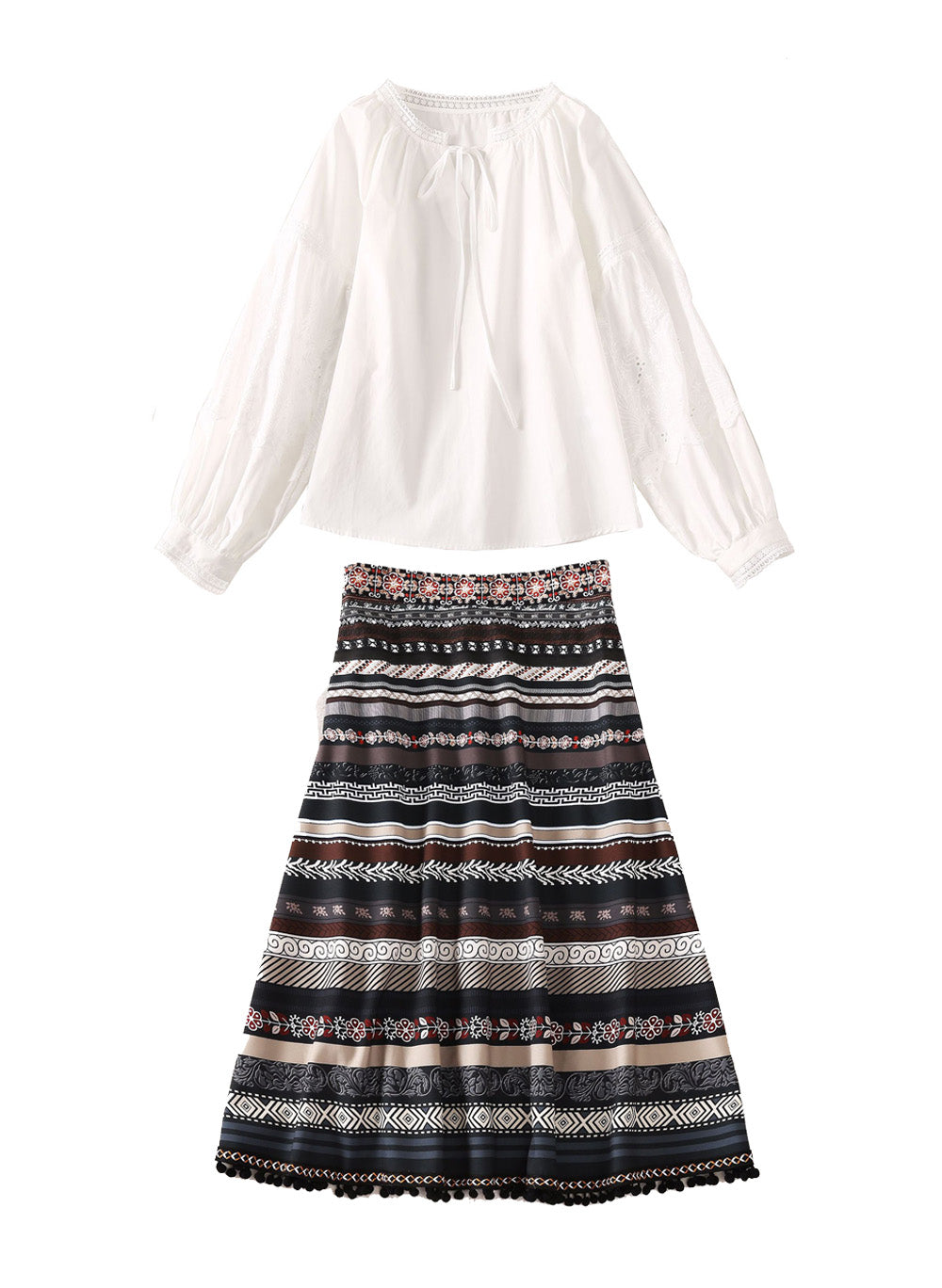 Peasant Embroidered White Blouse & High Waisted Pom Pom Skirt