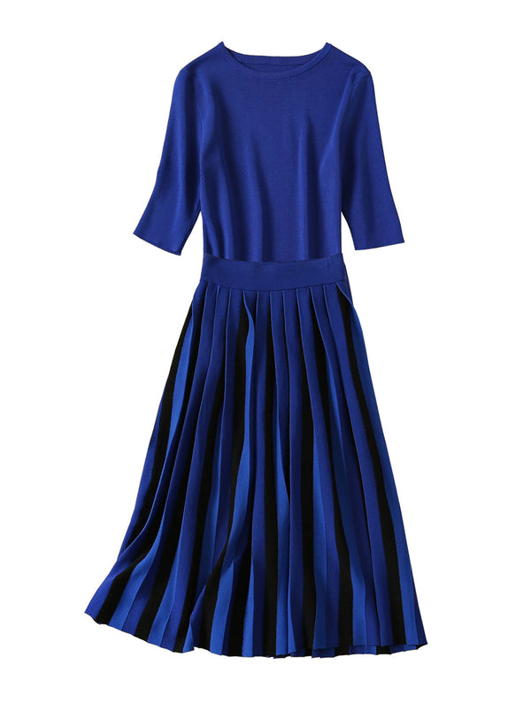 Meghan Crewneck Knit Top & High Waisted Pleated Skirt Set in Blue