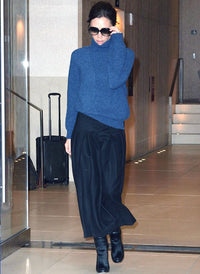 Turtleneck Relaxed Raglan Sleeve Blue Sweater & Black Wide-Leg Trousers Set