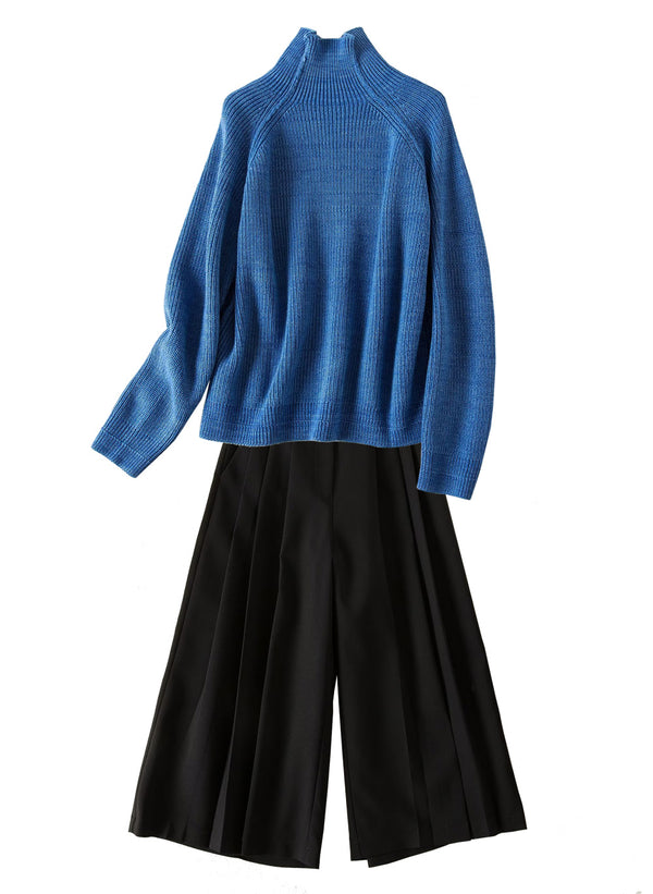 Turtleneck Relaxed Raglan Sleeve Blue Sweater & Black Wide-Leg Trousers Set