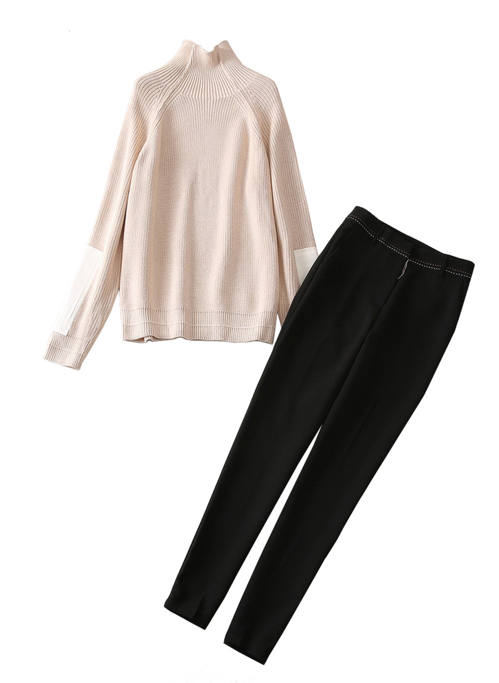 Turtleneck Relaxed Elbow-pad Beige Sweater & Black Cigarette Pants