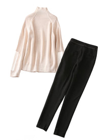 Turtleneck Relaxed Elbow-pad Beige Sweater & Black Cigarette Pants