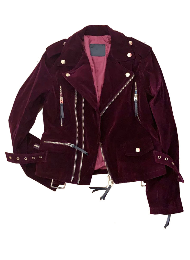 Semi-crop Belted Suede Biker Jacket in Burgundy