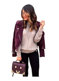 Semi-crop Belted Suede Biker Jacket in Burgundy