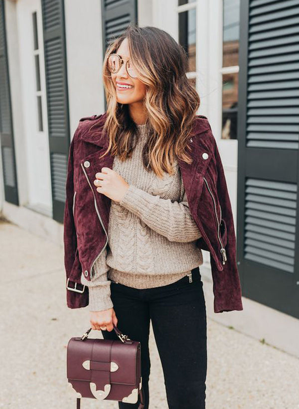 Semi-crop Belted Suede Biker Jacket in Burgundy