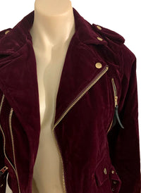 Semi-crop Belted Suede Biker Jacket in Burgundy