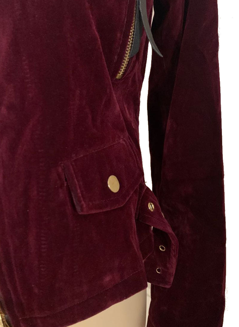 Semi-crop Belted Suede Biker Jacket in Burgundy