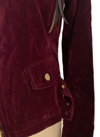 Semi-crop Belted Suede Biker Jacket in Burgundy