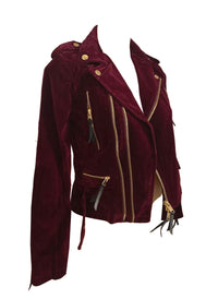 Semi-crop Belted Suede Biker Jacket in Burgundy