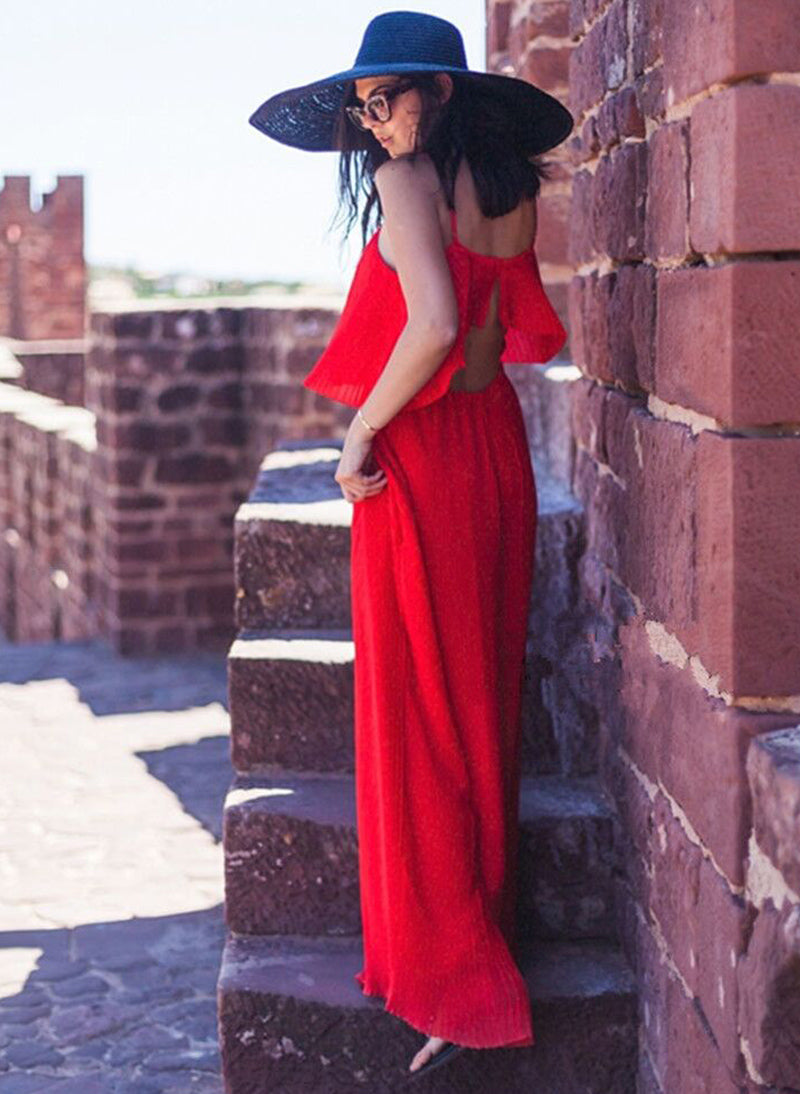 Strappy Pleated Ruffle Top Culottes Jumpsuit in Red