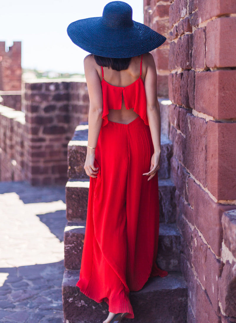 Strappy Pleated Ruffle Top Culottes Jumpsuit in Red