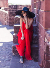 Strappy Pleated Ruffle Top Culottes Jumpsuit in Red