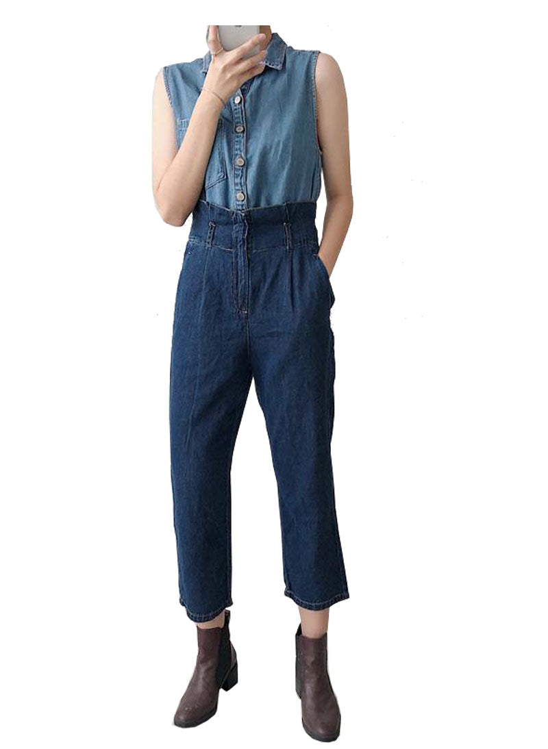 Two-tone Double Denim Belted High Waist Jumpsuit