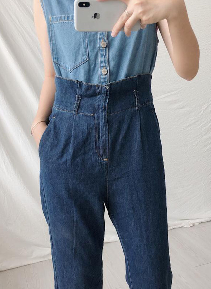 Two-tone Double Denim Belted High Waist Jumpsuit