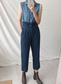 Two-tone Double Denim Belted High Waist Jumpsuit