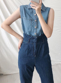 Two-tone Double Denim Belted High Waist Jumpsuit