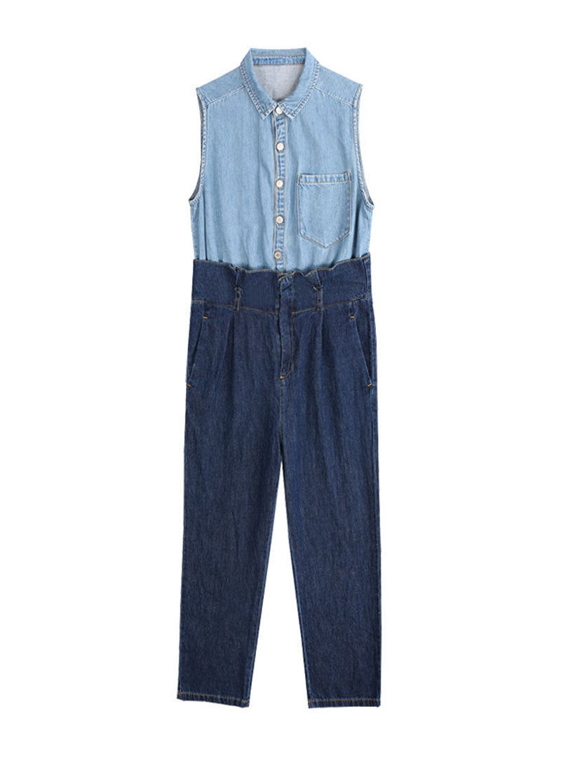 Two-tone Double Denim Belted High Waist Jumpsuit