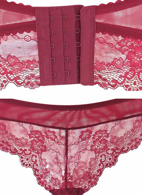 Lace Contour Demi Cup Push Up Bra Set in Maroon