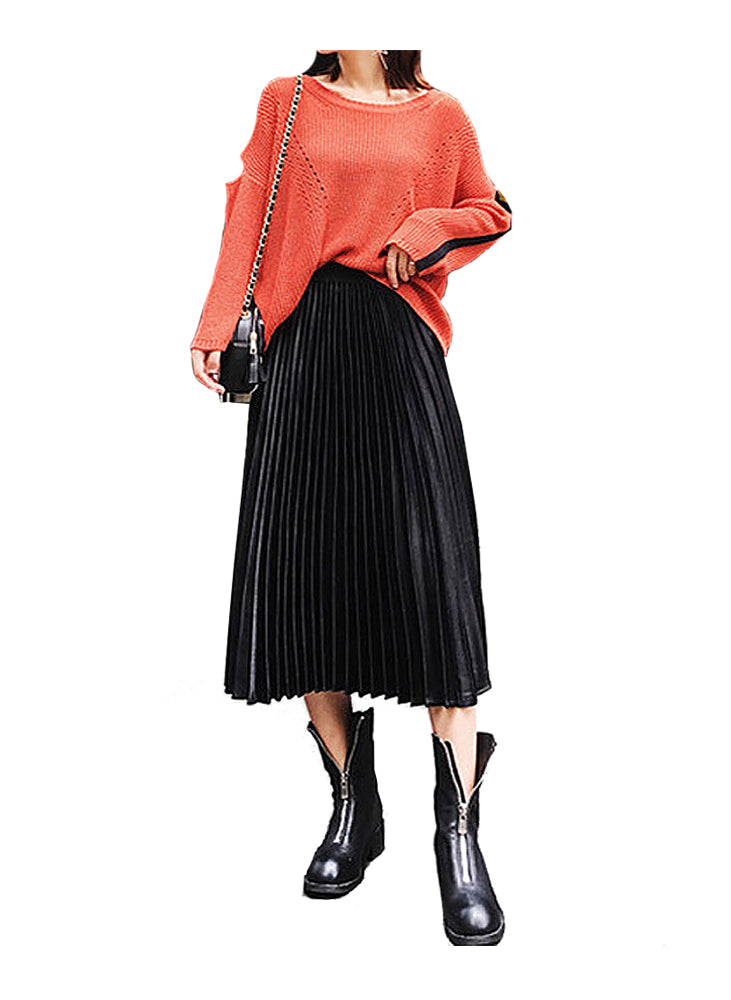 Elastic Waistband Metallic Pleated Midi Skirt in Black