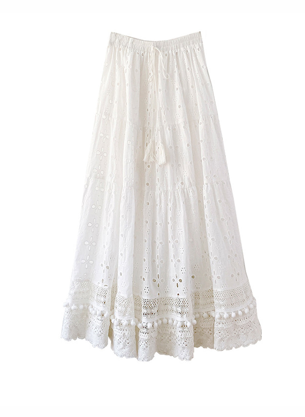 Boho Pom-pom Hem Embroidered Pure Cotton Midi Skirt in White