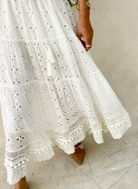 Boho Pom-pom Hem Embroidered Pure Cotton Midi Skirt in White